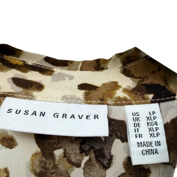 SUSAN GRAVER Womens Top Large Petite Leopard Brown Button Up Blouse NWOT - Picture 5 of 10